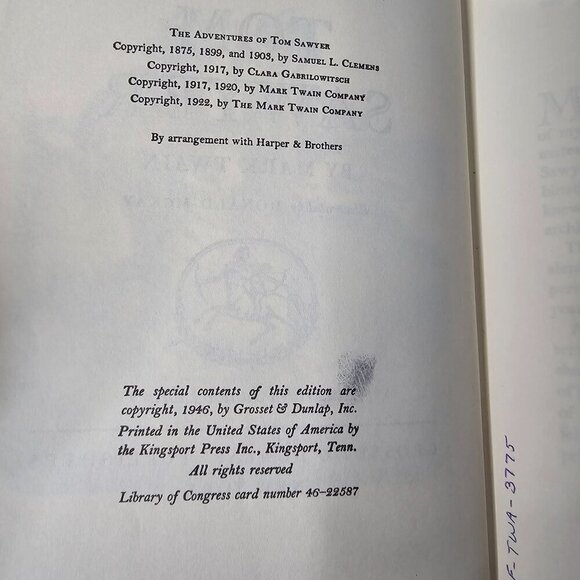 Vintage 1946 The Adventures of Tom Sawyer Hard Cover Book by Mark Twain - Picture 3 of 16